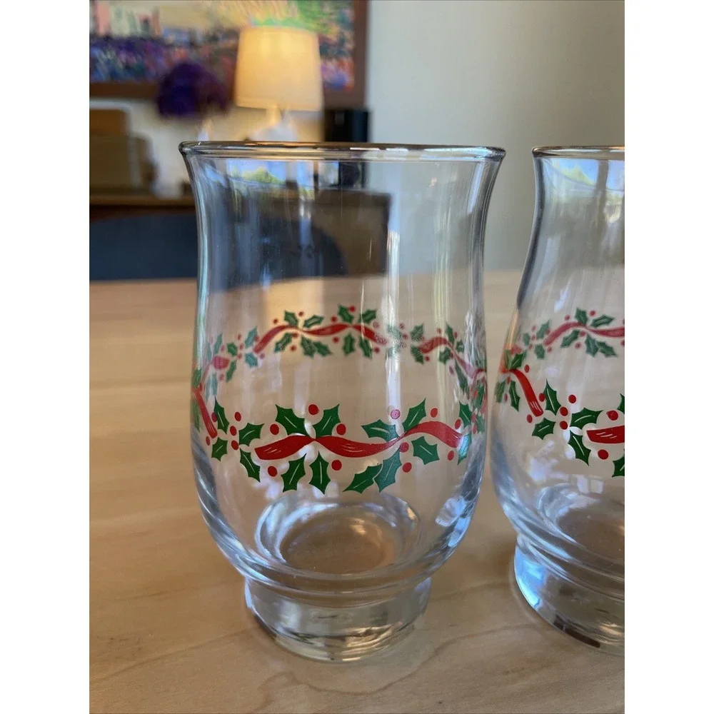 LOT OF 4 VINTAGE LIBBEY ARBY'S HOLLY RIBBONS GLASS TUMBLERS 5 1/4